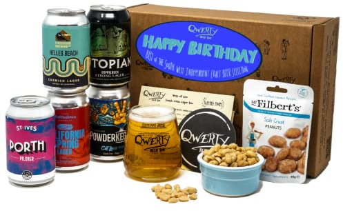 Premium Craft Lager Happy Birthday Beer Gift Hamper - 5 Independent British Craft Lagers, a Snack and Beer Tasting Glass by QWERTY Beer Box - Craft Lager Birthday Gift for Him, Husband Birthday Gifts