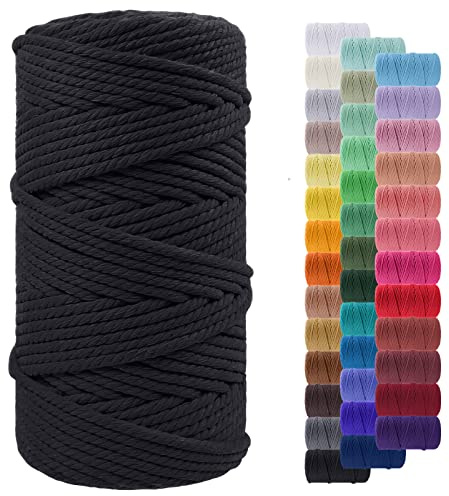 LEREATI Corde Macramé 5mm x 100m, Fil Macramé Corde Coton Naturelle, Grosse Ficelle Cordelette 5mm Cordon Macramé pour Macrame Mural, Porte Plante, Bricolage, Décoration Boho (Noir)