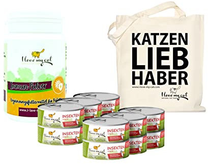 I Love My cat Sparset für Katzen – Purinarmes Nassfutter mit Insektenprotein 12×100 g + Immun Pulver 80 g + Jutebeutel – Getreidefrei & natürlich