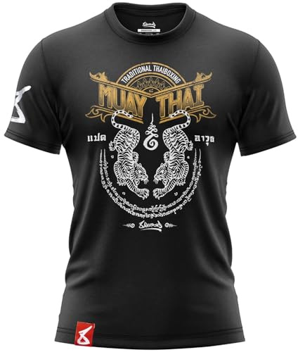 8 WEAPONS T-Shirt Sak Yant Tigers, Schwarz, Größe L, Muay Thai T-Shirt für Sport und Freizeit, 100% Baumwolle, Langlebig, Shirt für Fitness, MMA, K1, Boxen, Thai Boxen und Kickboxen