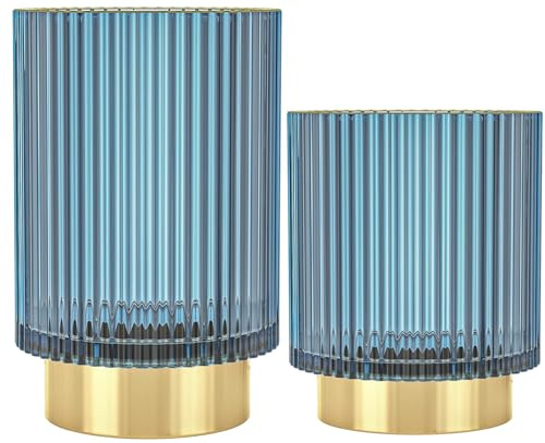 REALHUNLEE Makeup Brush Holder Organizer, Heavy Crystal Glass Brush Storage Holder, Vintage Cosmetic Make Up Bathroom Brushes Cup Pen Pencil Toothbrush Holder Striped Vase (S+L (blue))