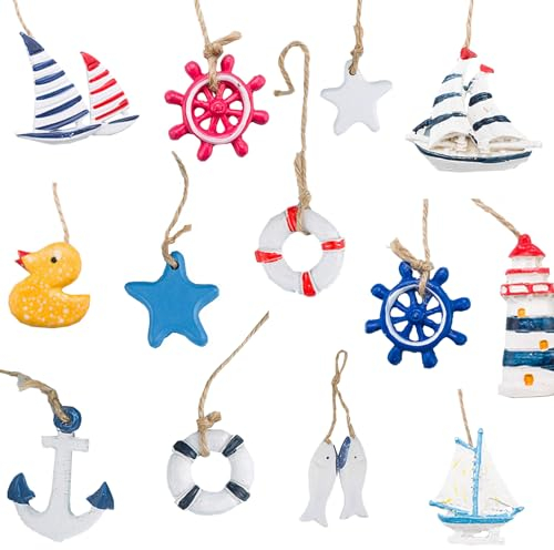 ieron 13 ornamenti nautici da appendere, mini ciondoli marittimi, decorazione a forma di ancora, stella marina, barca a vela, per albero di Natale estivo costiero, decorazione da parete, rete da