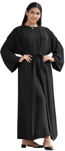 OBEEII Damen Muslim Roben Einfarbig Lose Muslimisches Kleid mit Hijab Islamische Lange Gebetskleidung mit Ausgestellten Ärmeln Türkische Robe Strickjacke für Ethnische Braut Party Schwarz 2XL