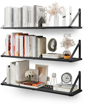 CASSA ZENO Wall Mounted Floating Book Shelves for Wall Set of 3, 80cm x 20cm Shelf Bookshelf for Bedroom Living Room Office Bathroom Kitchen Rustic Wood with Metal Bracket (Black)