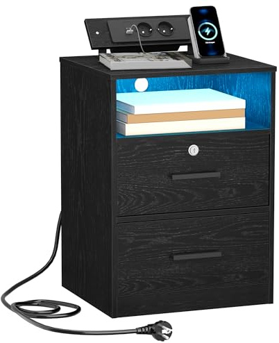Hzuaneri Comodino con Postazione di Ricarica, Porte USB e di Tipo C, Tavolino con Luci LED, 1 Scomparto Aperto e 2 Cassetti, per Camera da Letto, Soggiorno, Nero NS36604X