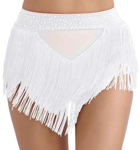 Sywiyi Damen Latein Rock Tanzen mit Fransen Glitzer Tanzrock Shorts Kurze Hose Hosenrock Hohe Taille Tango Salsa Standard Dance Outfit Weiß S