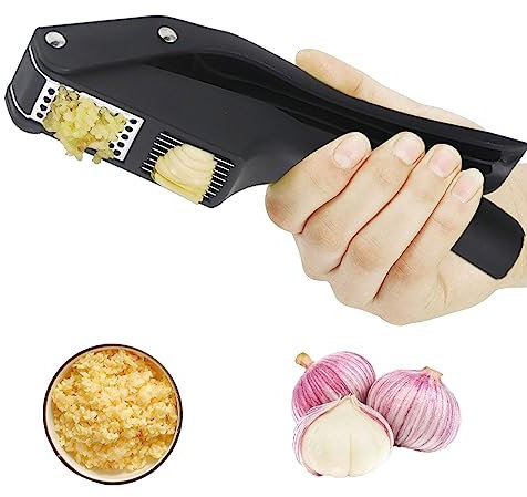 AUSYIWI 2 en 1 Prensa de ajo, prensa de ajos profesional, de acero inoxidable, prensa de ajo, trituradora de jengibre, antideslizante, cómoda y fácil de limpiar, color negro