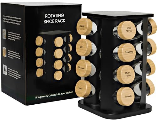 My Luxury Cuisine Estante giratorio para especias, estante estético para especias interior o de pie, organizador ideal para especias que incluye 16 tarros de especias con tapas y etiquetas para