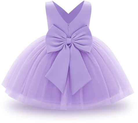 IMEKIS Vestito da bambina per matrimonio, compleanno, senza maniche, scollo a V, volant, in tulle, da principessa, elegante, Natale, da sera, Lilla, 12-18 Mesi