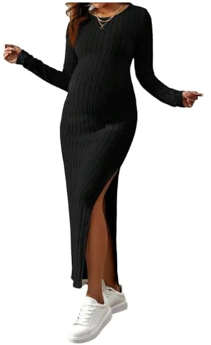 Robe de Maternité Col Rond Couleur Unie Manche Longue Vintage Crayon Robe Pull Moulante en Tricot Maxi Robe Moulante Femme Sexy Chic et Elegant Tunique Enceinte Vetement Grossesse et Allaitement