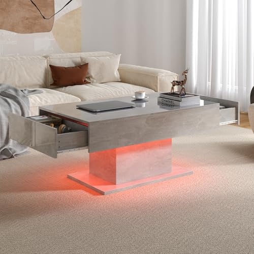 KEEPREAPER Grey Led Coffee Table with 2 Storage Drawers for Living Room, Living Room Table Rectangular Center Table, Modern High Glossy Wooden Coffee Tables with Lights for Dining Reception Room