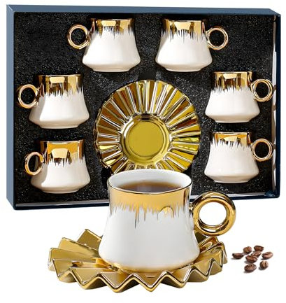 Coffee Cups Set​, 12-Piece 3.5oz/100ml Mini Porcelain Demitasse Cups with Stackable Saucers, ​Luxury White & Gold Design, Gold-Plated Rim, ​Gift for Turkish Coffee, Espresso, or Italian Mocha Lover