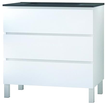 ONDÉE - Meuble Salle de Bain à Poser Trendy. Plan Vasque en résine Noir - 3 Tiroirs à Fermeture Progressive - Livré monté - Fabriqué en Europe - Largeur 80cm - Blanc Mat