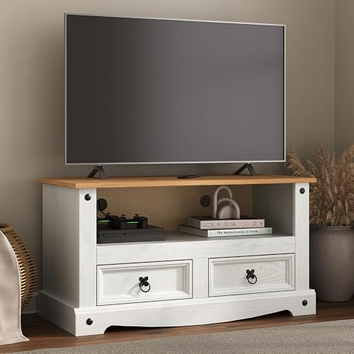 Mews Corona TV Stand Flat Screen 2 Drawer Unit White Solid Pine