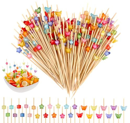 SJUNJIE 300 Piezas Palillos para Aperitivos Brochetas Bambú 12 cm Palos de Brocheta Pinchos con Forma de Mariposa y Flor para Decoración Cocktail Bebidas Frutas Ensalada Fiesta