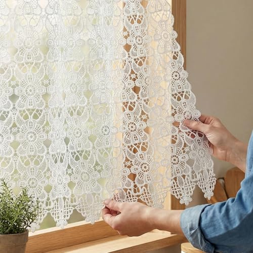 Molaxhome Spitze Scheibengardinen Kurzstores Jacquard Küchengardinen 74x90 | Halbtransparent Küchengardinen, Bistrogardine Fenstervorhang, Küche Vorhänge, Fensterschal mit Kante,Spitze Valance