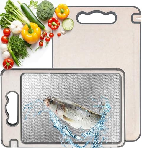 Cutting Board for Kitchen, Double Sided Chopping Boards 304 Stainless Steel Wheat Straw Chopping Boards for Meat Vegetables