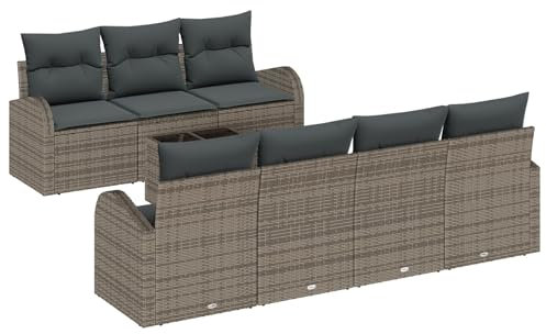 vidaXL 8 Delar Trädgårdsoffa Med Kuddar I Grå Poly Rattan Modern Utomhus Sitting För 7 Personer Inkluderar Bord Och Stiliga Väderbeständiga Möbler Patio Lounge Soffa