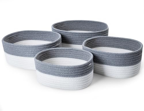 Ezvsevuo 4 Pezzi Cestini Portaoggetti in Corda di Cotone Intrecciato, Cesto Portaoggetti Ceste con Manici, Cestino Impilabile Organizer per Camera, Bagno, Armadio, Bambini, Soggiorno, Bianco & Grigio