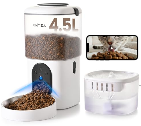 Onyea WiFi Automatic Pet Feeder with Camera + Water Fountain Set, Remote Control via APP, 4.5L Cat Food Feeder and 2.5L Water Dispenser, Low Noise <40dB, Large Capacity for Cats/Dogs