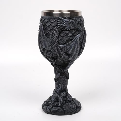 MENGYOULUN Verre à vin médiéval en forme de dragon avec calice gothique en acier inoxydable gris foncé en résine motif dragon fantaisie à collectionner (noir)