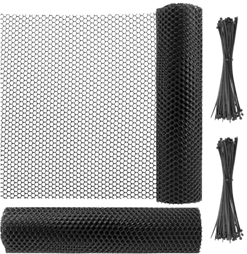 SYUTBOU Red de protección de plástico, 2 unidades, 40 cm x 6 m, rejilla de plástico negro con 100 bridas, valla para aves de corral para jardín y cría de gallinas