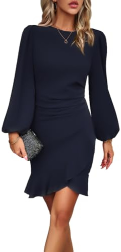 VHUQGVU Damen Vintage Aushöhlen Rundhals Abgefackelt Plissee Cocktailkleid Puffärmel Einfarbige Abendkleider,Blau 1,XL