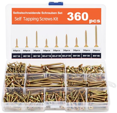 Flintronic Wood Screw, 360pcs Countersunk Self Tapping Screws Assortment, Mounting Screws, Screw Assortment Kit, M3 M3.5 M4 M8 for DIY, Furniture, Repairs, Various Woodworking Projects
