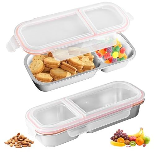 Geentargetel Edelstahl Snackbox (2-Fach), Unterteilte Snackdose mit Deckel, Snackteller für Nüsse, Gemüse & Süßigkeiten, Leicht & auslaufsicher Snackschale (Silber) (2 Stück Edelstahl)