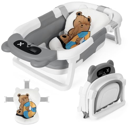 Cecaylie Bañera para bebés, bañera plegable con cojín de apoyo y termómetro integrado, bañera antideslizante portátil para recién nacidos y niños pequeños, color gris con motivo de oso