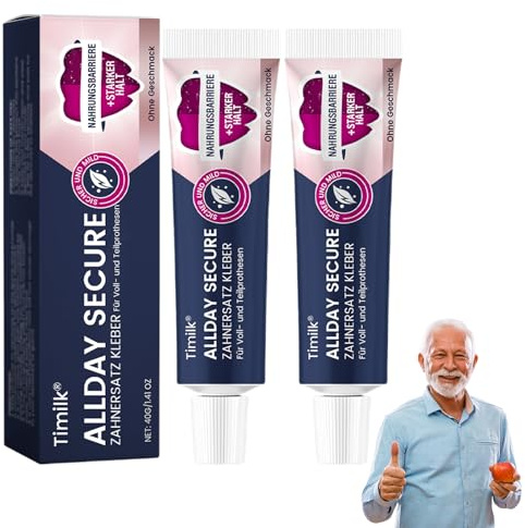 Timilk AllDay Secure Zahnersatz Kleber, Potent Thermoplastischer Prothesenkleber, Timilk Zahnprothesen Kleber, Natürliche Inhaltsstoffe, für Ober-Unter-Oder Teilprothesen (2 Stück)