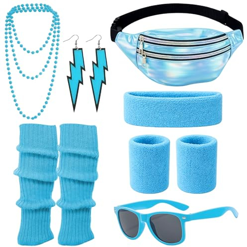 80-tal outfit dam retro kostym kläder accessoarer 80-tal 90-tal kläder kostym tillbehör pannband, armband, benvärmare, örhängen, bältesväska och glasögon för karneval neonfest (7, blå, en storlek)