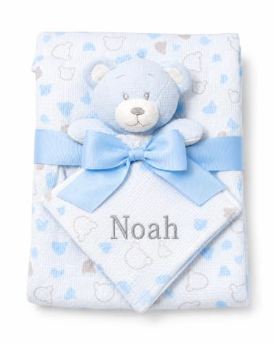 BotoBaby® Geschenkset Zweilagige Babydecke aus Baumwolle mit Namen und Datum Bestickt + Schmusetuch mit Namen – Geschenk zur Geburt & Taufe (Babydecke + Schmusetuch, Blau - Teddybär)