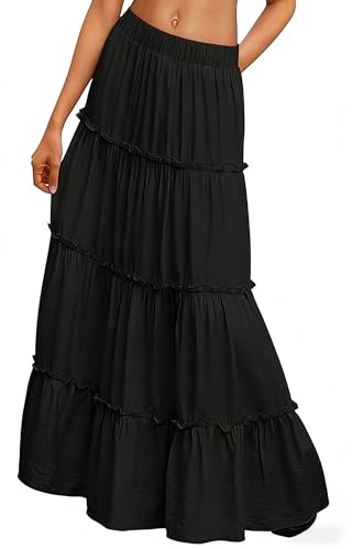 BEWECASU Women Vacation Outfits Long Skirts Boho Maxi Skirt Elastic High Waist Dress with Pockets(Black,M)