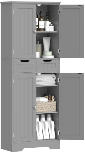 HOMCOM Armario de Almacenamiento para baño 60x30x160 cm Gris | Cajón, Armario con puertas, Estante ajustable, Armario de baño, Cocina, Sala de estar