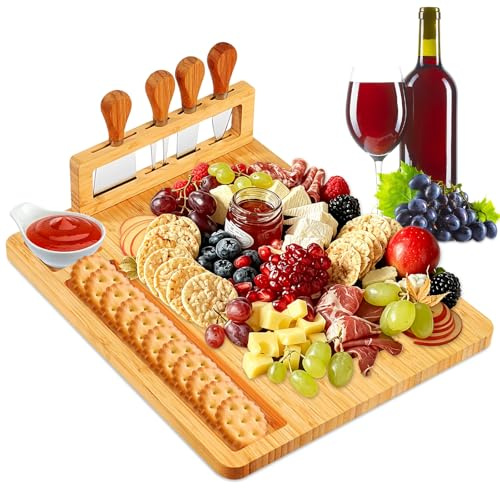Cheese Board Set, Charcuterie Boards with 4 Serving Utensils | Wooden Serving Platter, Gift for Wedding Anniversary, Housewarming Present, Birthdays, Christmas