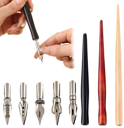 Set Calligrafia 8 Pezzi con 3 Porta Pennino in Legno e 5 Pennini in Acciaio Inossidabile per Disegno Manga, Schizzi e Scrittura Artistica, Penna a China per Principianti e Professionisti
