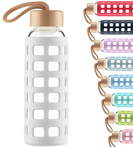 Cleesmil Sports Glass Water Bottle with Silicone Sleeve with Bamboo Lid BPA Free 360 ml (White)