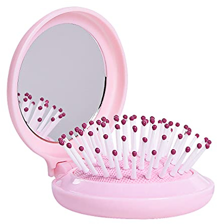 Trikeel Mini Folding Hair Brush with Mirror, Compact Pop up Pocket Brush, Small Travel Size Flip Hair Brush for PurseBackpack,Pink