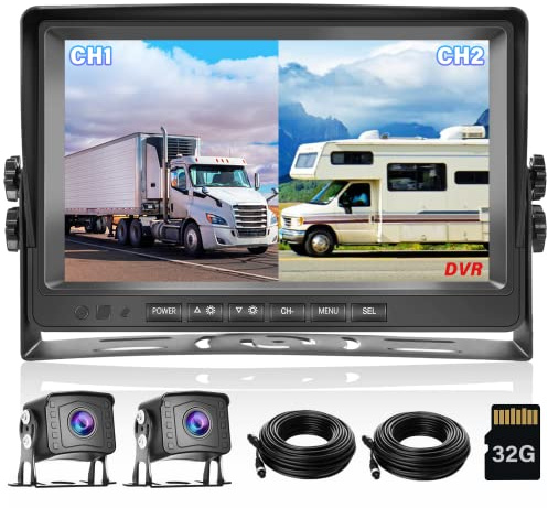 Hikity DVR 1080P Weitwinkel Rückfahrkamera Set 9 Zoll LCD Monitor 12-35V | Nachtsicht Rückfahrkamera IP69 Wasserdicht Backup Kamera für LKW Anhänger Bus Van 12-35V Loop Aufnahme Remote 32G SD Card
