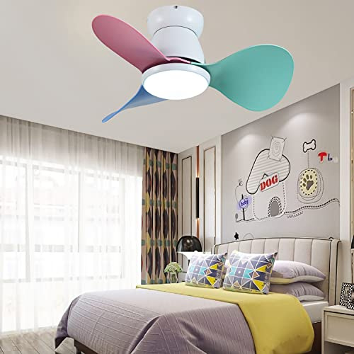 YUNZI Ventilador De Techo Pequeño para Niños con App Y Mando A Distancia Diseño Moderno Luz De 3 Colores 6 Velocidades De Aire para Habitación Infantil Salón con Temporizador-Color