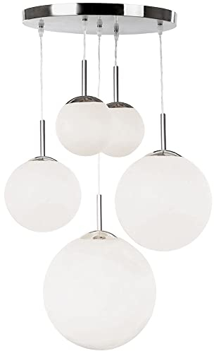 Hängelampe Esstisch Pendelleuchte modern Wohnzimmerlampe silber, Hängeleuchte 5-flammig Design Glas Kugel opal, Metall, 5x E27 Fassung, DxH 50x90 cm