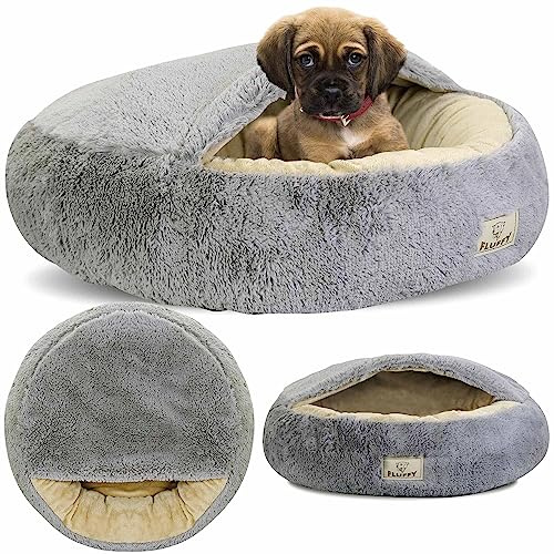 EDANTI Zotteliges Donut Hundebett Katzebett Hundekissen Hundesofa mit Baldachin Rund Hellgrau (70 cm)