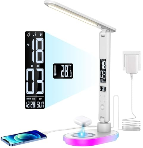 Touch Schreibtischlampe LED Dimmbar mit Ladefunktion Uhr Klappbar Desk Lamp | Tischlampe Nachtlicht mit 10W Kabellosem Ladegerät und USB-Ladeanschluss, 3 Farbmodi mit Temperatur RGB für Lesen Home Office
