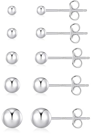 PRETOLE Sterling Silver Stud Earrings - 925 Silver Ball Studs, Hypoallergenic White Gold Plated Set - 3/4/5/6/7mm
