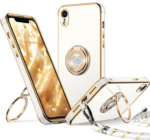 XYZ für iPhone XR Hülle mit Band, Herz Doppelring Ständer HandyHülle Handykette Frauen Mädchen Dünn Stoßfeste Anti-Kratzt SchutzHülle für iPhone XR Case, Weiß