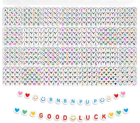 BnbnPup 1350 Stück A-Z Alphabet Perlen Set, 4x7mm Buchstabenperlen für DIY Schmuckherstellung, Armbänderperlen mit Herz Perlen und Smiley Perlen (Bunt)