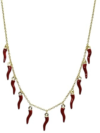 SiLo Bijoux Collier porte-bonheur femme corne cornes piment rouge tout en acier inoxydable 316L hypoallergénique couleur dorée. Boîte cadeau., NORM, Acier inoxydable, Acier inoxydable 316L