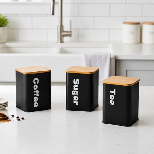 Almineez Retro Set of 3 Stainless Steel Tea Coffee Sugar Jar Canisters Kitchen Container Tins Storage Organiser Set With Bamboo Air Tight Lids Vintage Design (Black)