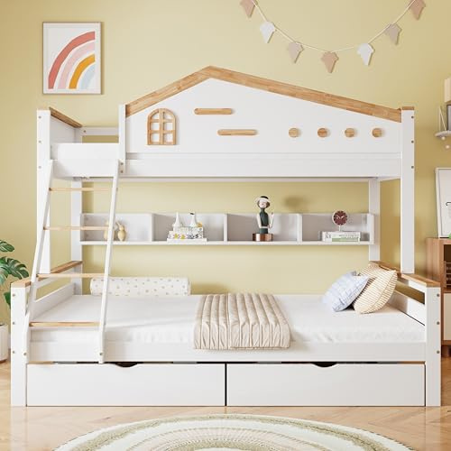 Dolamaní Etagenbett 90 x 200 cm/140 x 200 cm Kinder Bett, Kinderbett mit Schubladen, vierstufigen Schräg-Leiter, Regal, Kiefer Holz, Weiß+Natur, Etagenbett A
